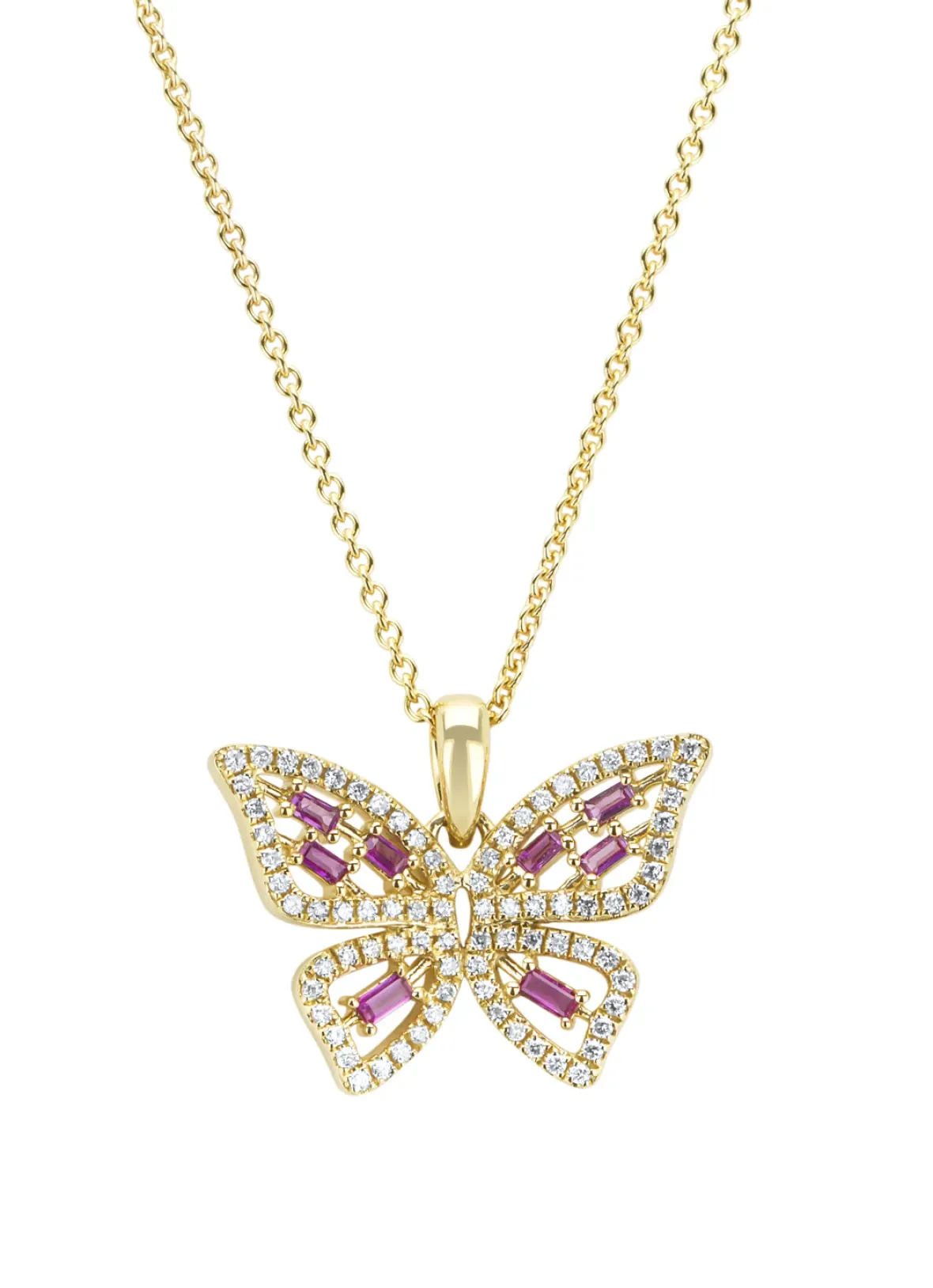 Diamond Point Losse Hangers|Geelgouden Bruidssieraden<Geelgouden hanger, 0.19 ct roze saffier, Butterfly Kisses