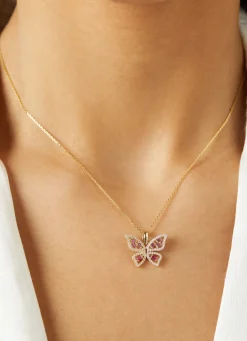 Diamond Point Losse Hangers|Geelgouden Bruidssieraden<Geelgouden hanger, 0.19 ct roze saffier, Butterfly Kisses