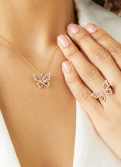 Diamond Point Losse Hangers|Geelgouden Bruidssieraden<Geelgouden hanger, 0.19 ct roze saffier, Butterfly Kisses